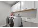 Modern laundry room with white cabinetry, washer, dryer, and utility sink for added convenience at 159 Wood Orchid Ln, Garner, NC 27529