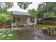 Charming backyard with covered patio, table with chairs, and lush greenery at 1915 James St, Durham, NC 27707