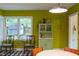 Eat-in kitchen with black and white checkered floor, a light fixture and bright green walls at 1915 James St, Durham, NC 27707