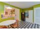 Bright eat-in kitchen with white table and dark appliances, with checkered flooring at 1915 James St, Durham, NC 27707