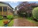 Landscaped backyard featuring a stone patio, yard, and privacy at 1930 Briar Chapel Pkwy, Chapel Hill, NC 27516