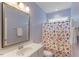 Bathroom with floral shower curtain, and a mirror above the sink at 1930 Briar Chapel Pkwy, Chapel Hill, NC 27516