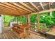 Charming back porch featuring a wooden table, picnic bench, string lights, and wooded views at 210 Dutchess Dr, Cary, NC 27513
