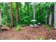 Landscaped backyard with patio set and grill, surrounded by lush trees and greenery at 210 Dutchess Dr, Cary, NC 27513