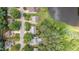 Birds eye view of a street and several houses next to the lake at 2441 Deanwood Dr, Raleigh, NC 27615