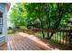 Wooden backyard deck with railing overlooking lush greenery at 2441 Deanwood Dr, Raleigh, NC 27615