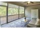 Cozy screened porch with a ceiling fan, outdoor furniture, and views of the surrounding trees at 2916 Reynolda Cir, Durham, NC 27712