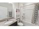 Bathroom featuring granite sink, white cabinet, and white shower offering a clean and bright space at 3309 Turner Ridge Dr, New Hill, NC 27562