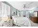 Bright bedroom with a ceiling fan, white bedding, and an ensuite bathroom view at 4 Weathergreen Ct, Durham, NC 27713