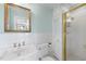 Classic bathroom with pedestal sink, gold fixtures, white tile, and glass-enclosed shower at 406 E Lee St, Smithfield, NC 27577