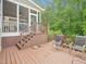 Wooden deck with stairs, chairs, and plants with a wooded view at 4125 Enfield Ridge Dr, Cary, NC 27519