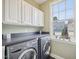Laundry room with white cabinets, dark countertop, and front loading washer and dryer at 4125 Enfield Ridge Dr, Cary, NC 27519