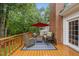 Spacious deck providing outdoor living with wicker furniture and a bright red umbrella at 5513 Doemont Dr, Apex, NC 27539
