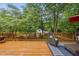 Inviting deck featuring lush greenery, wood railings, and comfortable seating for outdoor relaxation at 5513 Doemont Dr, Apex, NC 27539