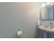 This bathroom features a pedestal sink, a mirror, and a wall mounted towel rack at 5535 Spindlewood Ct, Durham, NC 27703