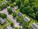 An aerial view of houses in a quiet neighborhood surrounded by mature trees at 5940 Brambleton Ave, Raleigh, NC 27610