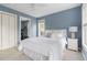 Cozy bedroom with white comforter, closet and light blue walls at 601 Culpepper Ct, Durham, NC 27712