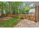 Lush backyard with manicured lawn, wooden fence, and access to the home at 9900 Two Robins Ct, Raleigh, NC 27613