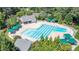 Aerial view of community pool showcasing ample seating and tables with shade coverings at 104 Tutbury Pl, Cary, NC 27519