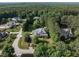 Aerial view showcasing the home's lush landscaping, swimming pool, and surrounding tranquil environment at 1201 Kalworth Rd, Wake Forest, NC 27587