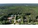 Aerial view of the property showcasing the neighborhood, mature trees, and nearby river at 1201 Kalworth Rd, Wake Forest, NC 27587