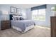 Comfortable bedroom features a large window with blinds, a nightstand, and soft carpet at 1424 Rollman Farm Rd, Raleigh, NC 27603