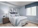 Cozy bedroom with blue walls, striped bedding, and a large window for natural light at 1424 Rollman Farm Rd, Raleigh, NC 27603
