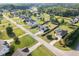 A neighborhood surrounded by lush greenery, featuring manicured lawns and tranquil streets from above at 174 Tafton Dr, Wendell, NC 27591