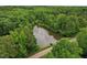 Aerial view of a lush, wooded property featuring a serene pond surrounded by vibrant green trees at 2028 Pleasant Forest Way, Wake Forest, NC 27587