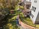 This backyard features lush landscaping, retaining walls, a deck, and a patio for entertaining at 204 Woodstaff Ave, Wake Forest, NC 27587