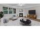 Cozy living room featuring a fireplace, hardwood floors, and large windows at 2073 Weston Green Loop, Cary, NC 27513