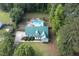 Stunning aerial view of home with beautiful backyard pool, lush landscaping, and a green metal roof at 213 Birch Creek Dr, Fuquay Varina, NC 27526