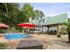 Lush backyard featuring a pristine pool, gazebos, and mature landscaping at 213 Birch Creek Dr, Fuquay Varina, NC 27526