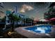 Inviting backyard pool area featuring a sparkling pool, string lights, palm trees, and patio umbrellas at 213 Birch Creek Dr, Fuquay Varina, NC 27526