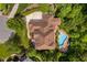 Aerial shot showcasing a large home with a swimming pool and lush greenery at 3601 Nightfall Ct, Raleigh, NC 27607