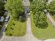Aerial view of home showcasing its driveway, lush green lawn, and surrounding mature trees at 4104 Panther Creek Pkwy, Durham, NC 27704