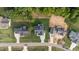 An aerial view shows homes with well-manicured lawns along a residential street lined with trees at 525 Allesandra Dr, Clayton, NC 27527