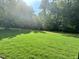 A lush backyard featuring bright green grass, surrounded by mature trees and foliage at 525 Allesandra Dr, Clayton, NC 27527