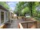 Outdoor deck with French doors leading into the home, overlooking a wooded backyard at 5804 Heatherbrook Cir, Raleigh, NC 27612