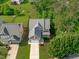 Aerial view of a home, showcasing its landscaped front yard, driveway, and proximity to neighboring houses at 851 Dotson Way, Apex, NC 27523