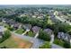 Aerial neighborhood view shows mature tree coverage, well kept lawns, and quiet residential streets at 1010 Mill Pointe Way, Elon, NC 27244