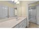 Neutral bathroom with a vanity, sink, white cabinets, and a view to the bath/shower at 1010 Mill Pointe Way, Elon, NC 27244