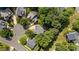 Serene aerial view of a home with a gray roof surrounded by lush trees and mature landscaping at 104 Kylesku Ct, Apex, NC 27502