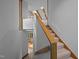 Staircase with wood handrail and carpeted steps leading to lower level featuring large windows at 106 Mill Rock Ct, Carrboro, NC 27510