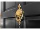 Close-up of a black front door with a decorative gold door knocker at 1112 Blenheim Dr, Raleigh, NC 27612
