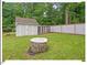 Backyard featuring a shed, fire pit, mature trees, and a privacy fence at 216 Brook Ln, Durham, NC 27712