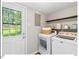 Convenient laundry room features modern appliances and shelving, near an exterior door at 216 Brook Ln, Durham, NC 27712