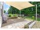 Backyard patio featuring a shade covering, dining table, and garden beds at 3634 Ranbir Dr, Durham, NC 27713