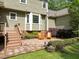 Charming backyard patio with chairs, steps to deck and lush landscaping at 5116 Knaresborough Rd, Raleigh, NC 27612