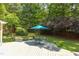 Lush backyard showcases a patio area with a blue umbrella, surrounded by vibrant greenery and mature trees at 520 Brittany Bay W, Raleigh, NC 27614